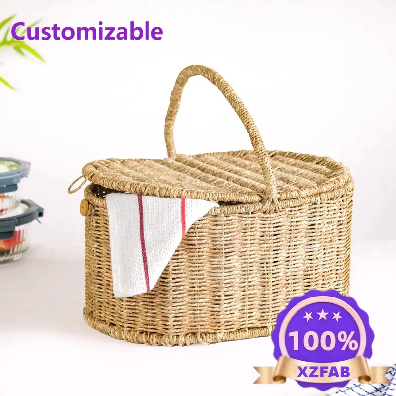 Factory Direct 2026 Cross-border hand-woven storage basket Nordic straw rope woven picnic baske Outdoor camping food handle