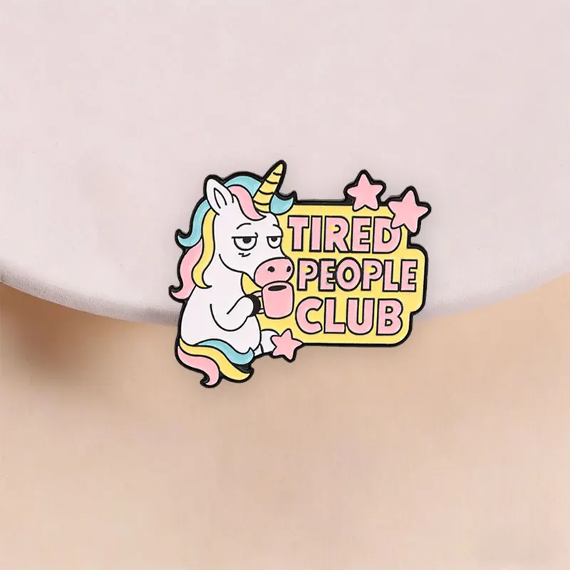Tired People Club Enamel Pin Grumpy Unicorn with Coffee Sleepy Style for Overworked Students and Burnout Workers Daily Wear