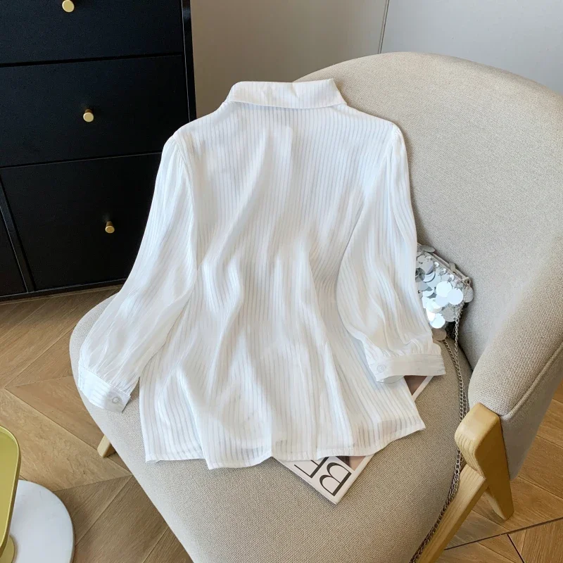 بلوزة شيفون عتيقة للنساء ، أكمام طويلة ، بلوزة فضفاضة ، ملابس مرقعة ، قمصان أحادية اللون ، طراز كوري ، جديد ، صيف #2