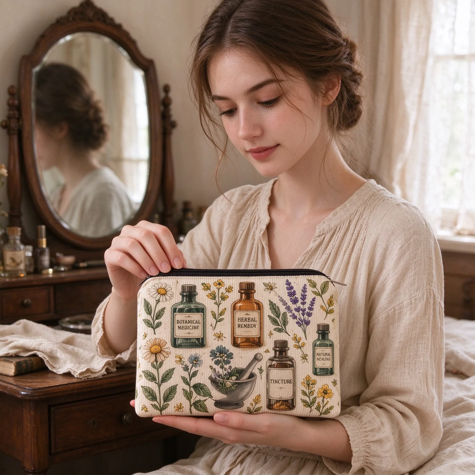 Vintage Botanical Herb Print Corduroy Cosmetic Bag Portable Zipper Makeup Pouch Travel Storage Gift
