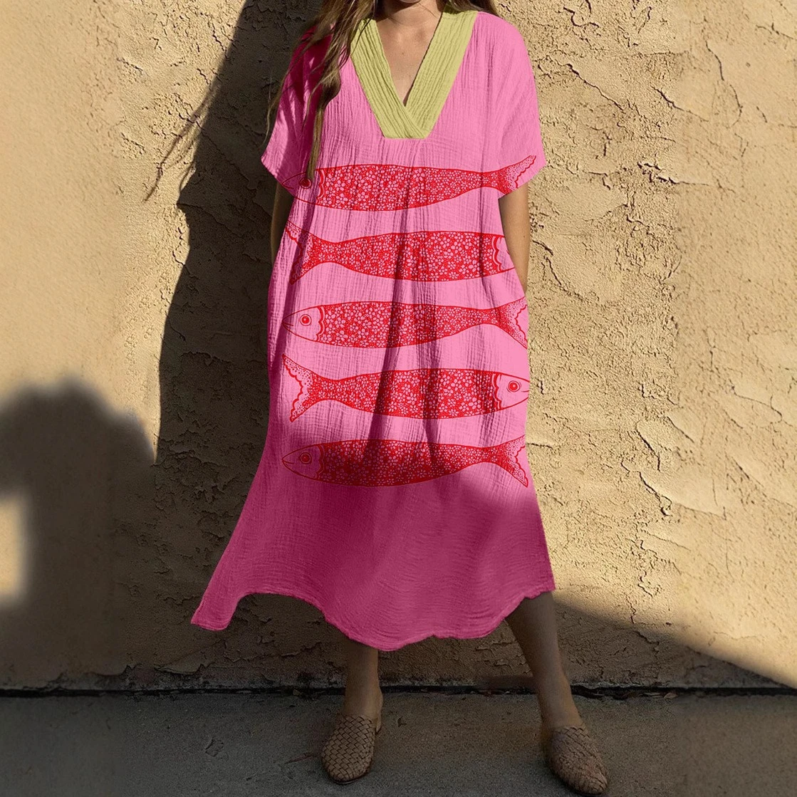 

Женское платье с тропическим морским принтом 2024, платье-рубашка с короткими рукавами для отпуска, пляжное комфортное платье макси, новинка