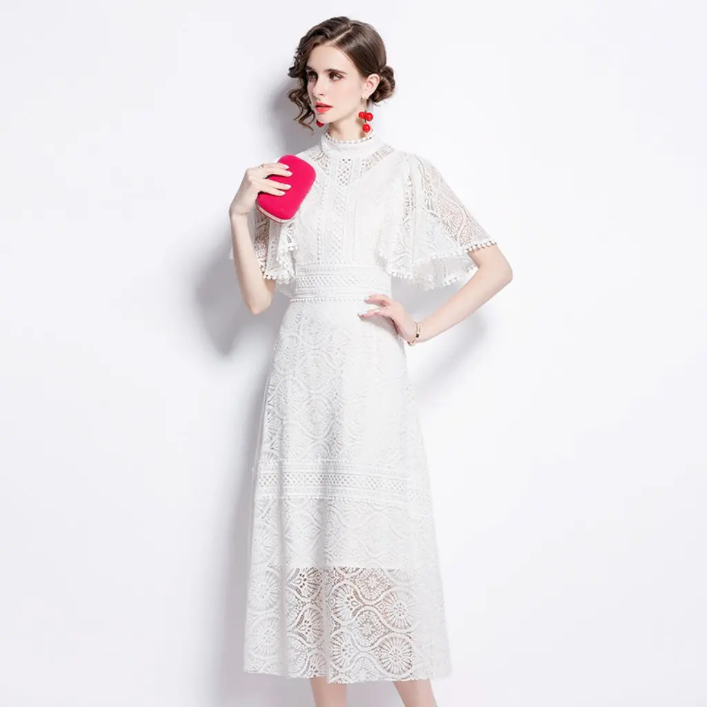 Vestido elegante de encaje blanco para mujer, vestido largo de verano adecuado para banquetes, ocasiones de fiesta de cumpleaños francesa