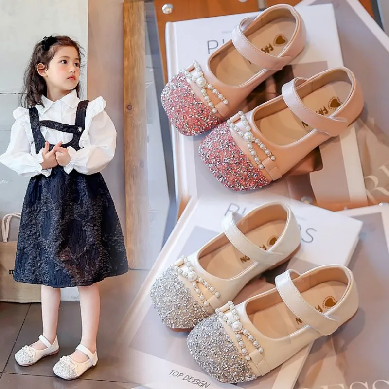 Spring/Summer 2026 New Leather Princess Girls' Shoes - Elegant Girls' Bow Head Shoes - Fashionable Beaded Pearl Butterfly Knot