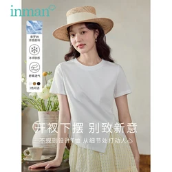 INMAN Women T-shirt 2023 Summer Short Sleeve O Neck Slim Tees Split Hem Solid Fashion Versatile Basic Black White Coffee Tops