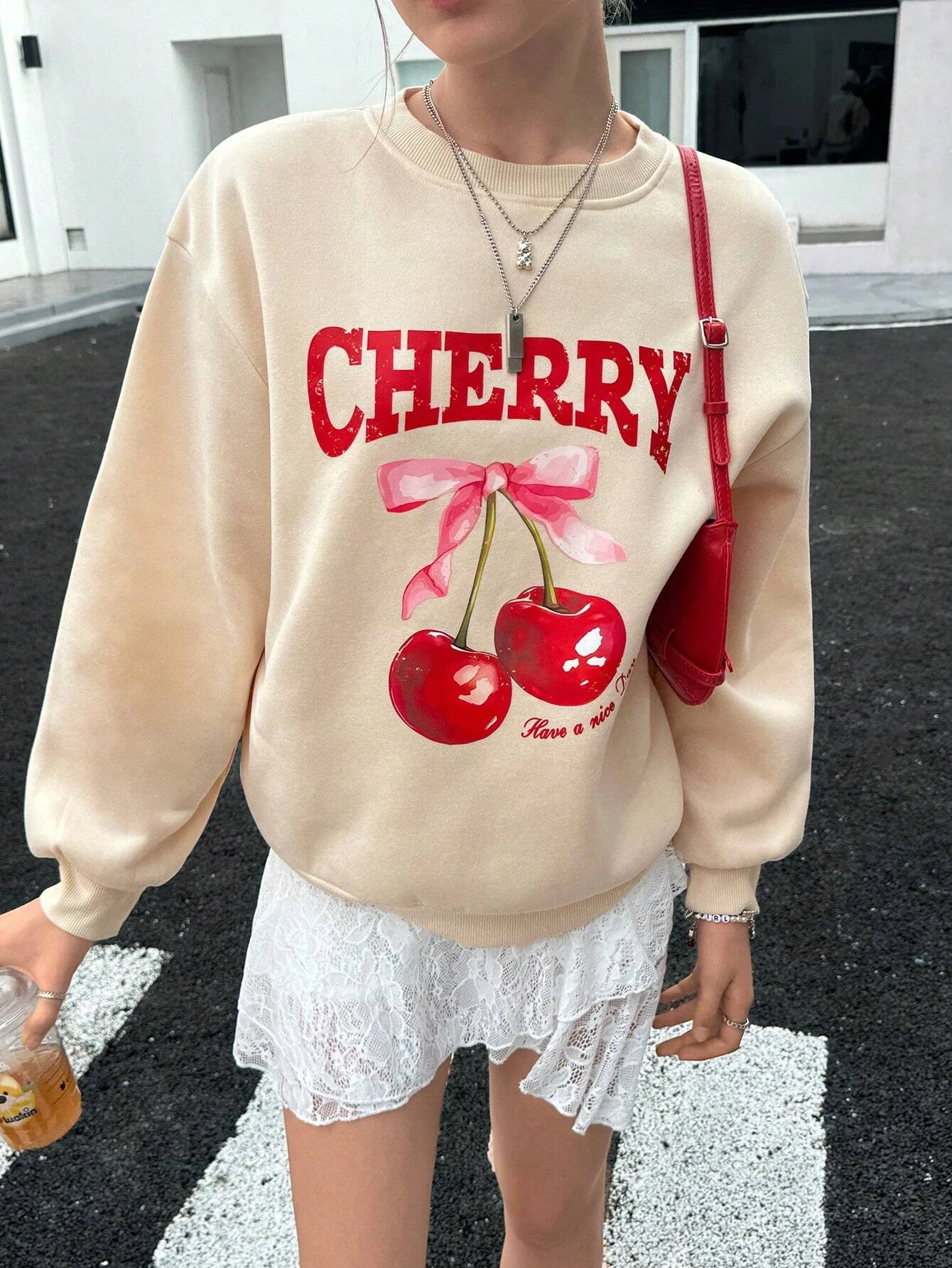 Cherry Fruit  Cartoon Print Sweatshirt Casual Fleece Long Sleeve Trendy Oversized Pullovers Autumn Y2K All-Match Sweatshirts