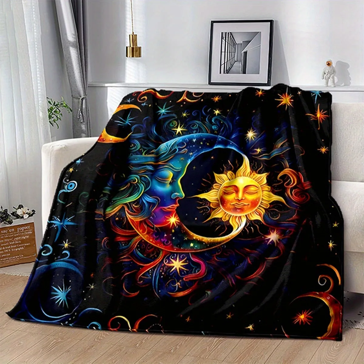 

Sun and Moon Starry Sky Pattern French Velvet Blanket Warm and Comfortable Blanket Warm and Soft Plush Blanket Office Napping Bl