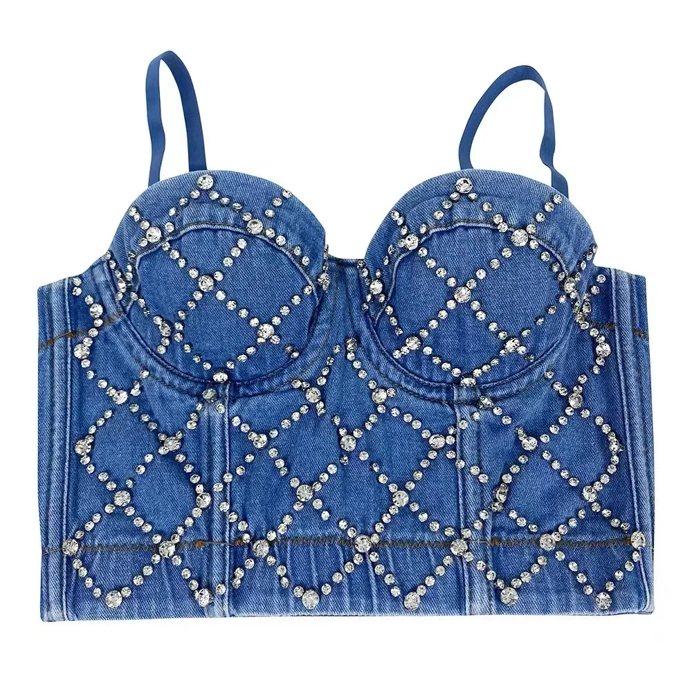 

2025 New Autumn Denim Rhinestone Cropped Sexy Women Top With Cups Push Up Camisole Bustier Corset Female Performance Ropa Mujer
