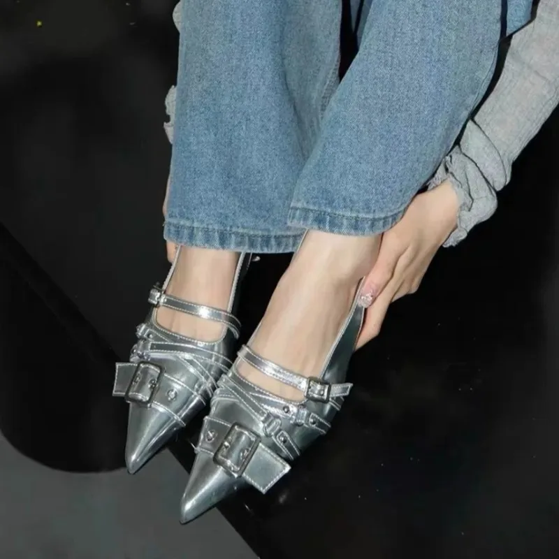 2026Vintage Stiletto Sandals Fall New Pointed Toe Shallow Rivet Metal Buckle One Strap Anti-Slip Wear-Resistant High Heels image 4