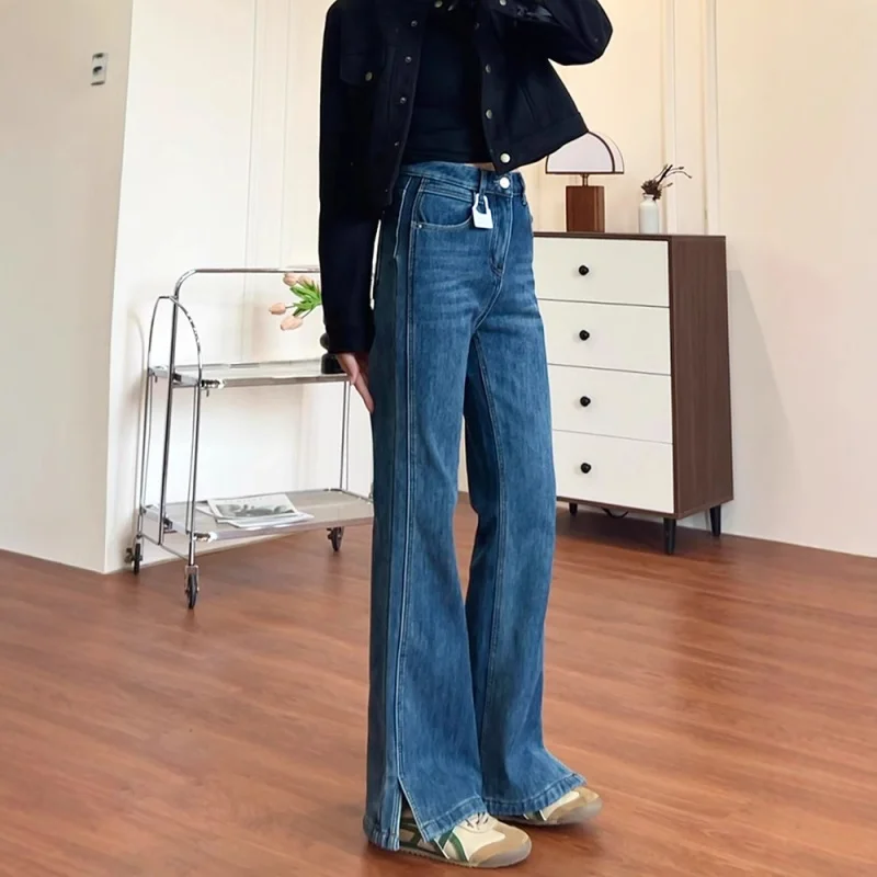 2025 Vrouwen Hoge Taille Uitlopende Jeans Zijsplit Wijde Pijpen Denim Broek Slim Fit Lange Broek Y2K Streetwear Hot