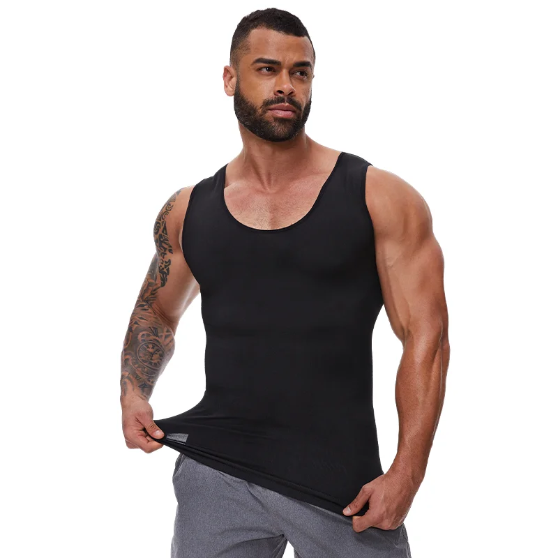 2 PCS Men Slimming Shapewear Sexy Body Shaper Posture Correct Vest Compression T-Shirt Body Building Fat Burning Chest Tummy Control Tank Top Sleeveless Under Shirt Breathable Soft Waist Trainer Round image 6