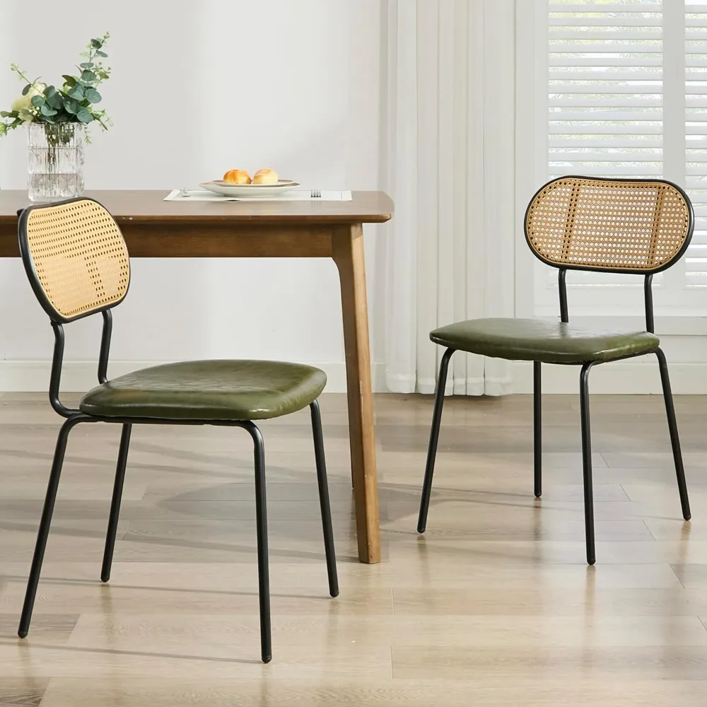 Dining Chairs Set of 2 Rattan Kitchen Chairs Green Leather Boho Dining Room Chairs Mid Century Modern Woven Upholstered
