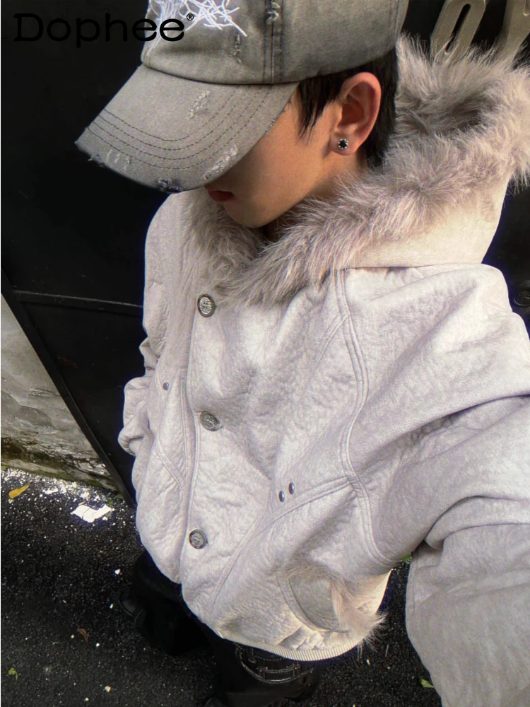 

Men Women 2025 Autumn Winter New American Style Fashion Jackets Trendy Loose Thickened Hooded Coats Handsome Solid Color Jackets