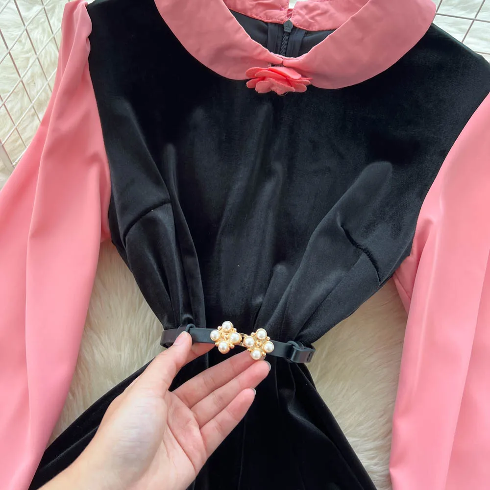 Chic vintage à manches longues faux deux pièces velours élégant fée mode coréenne automne femmes vêtements robe longue