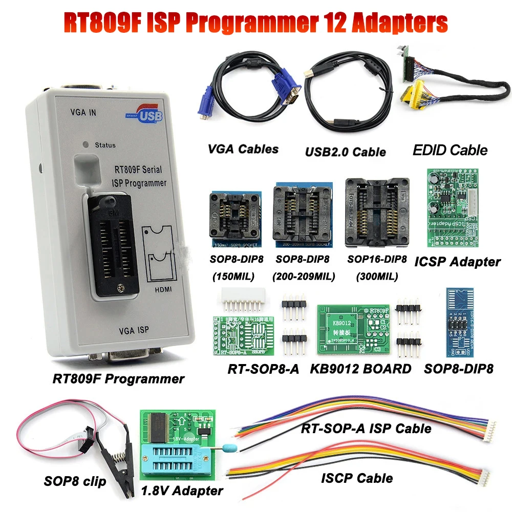 RT809F ISP Programmer with 12 Adapters RT809 LCD USB Chip Eeprom 24 25 93 Serise IC with Full Adapters Car Repair Tools