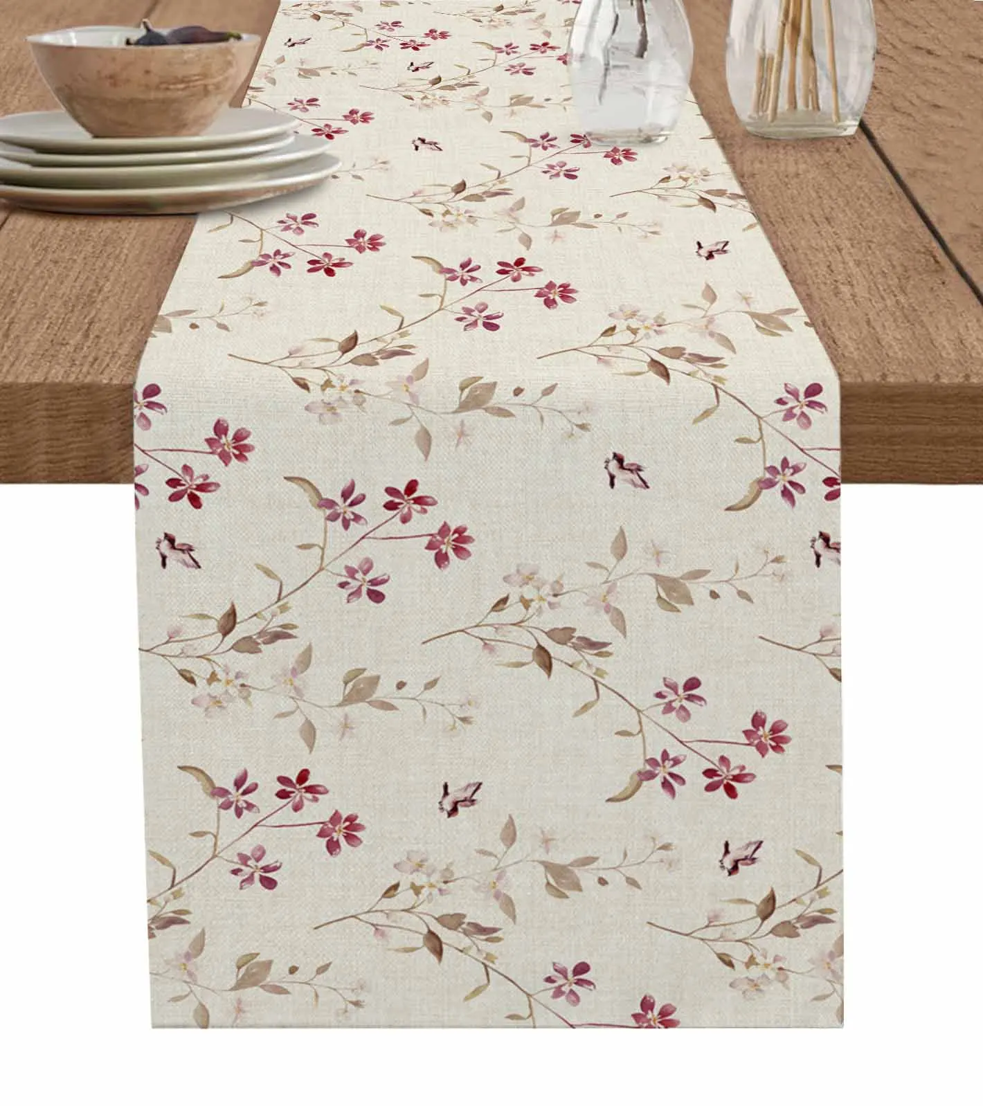 

Flowers Leaves Birds Watercolor Table Runner Wedding Decor Table Runner Holiday Dining Table Decor Linen Tablecloth