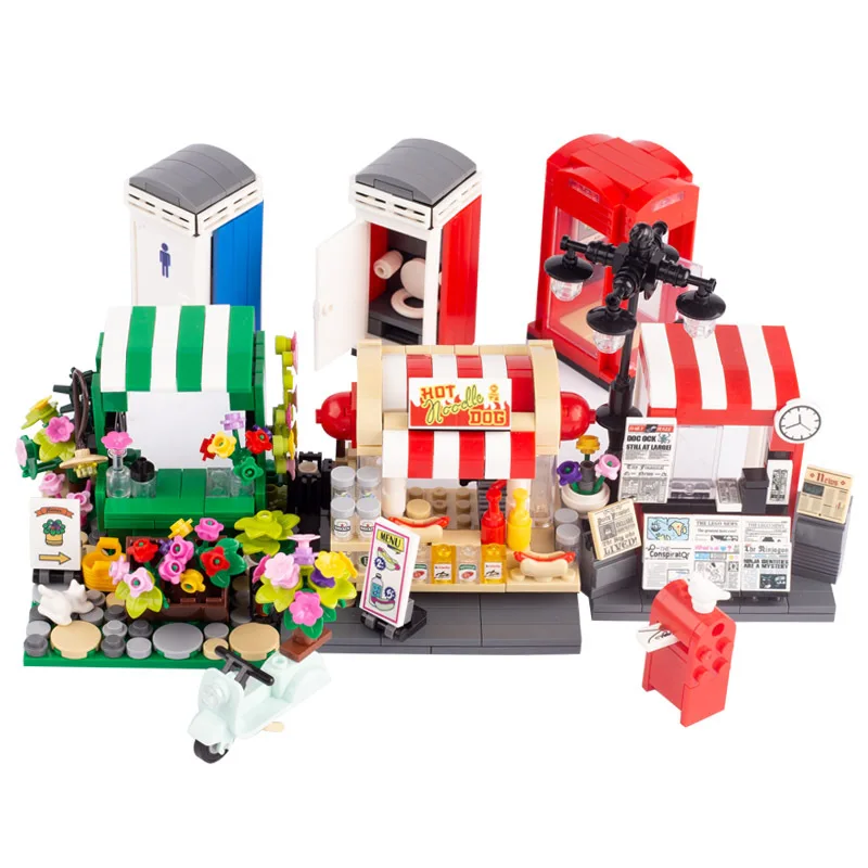 

Mini City Building Blocks – Portable Toilet Street Scene Telephone Booth Newsstand Flower shop DIY Fun Educational Gift