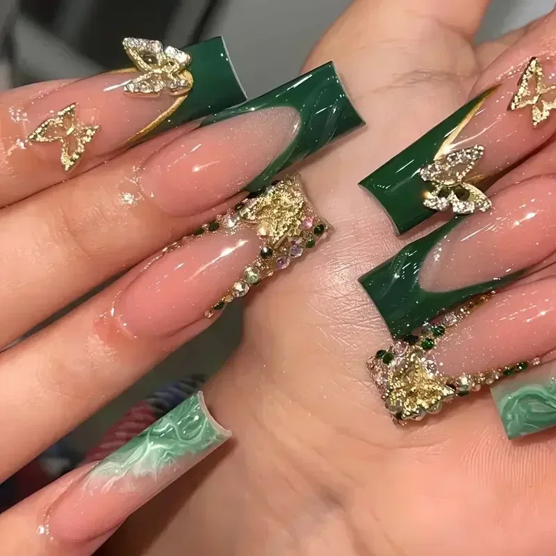 24Pcs Green French Fake Nails with Diamond Gold Butterfly False Nails Elegant Acrylic Artificial Nails Wearable Long Square Nail