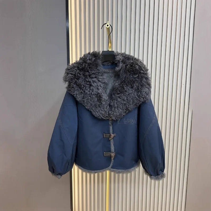 2025 Autumn Winter New Parkas Jacket Women's Rabbit Fur Lining Wool Collar Reversible Korean Style Casual Faux Fur Coat Female