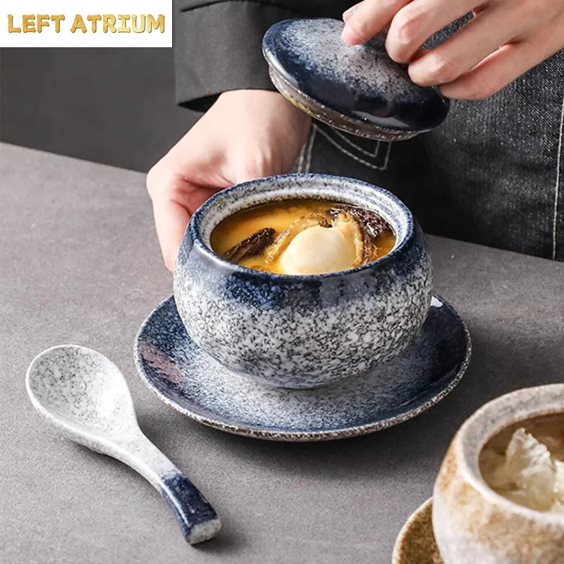 Vintage Creative Ceramic Bowl with Lid Soup Bowl Steamed Egg Bowl Dessert Bowls Breakfast Bowls Restaurant Featured Tableware