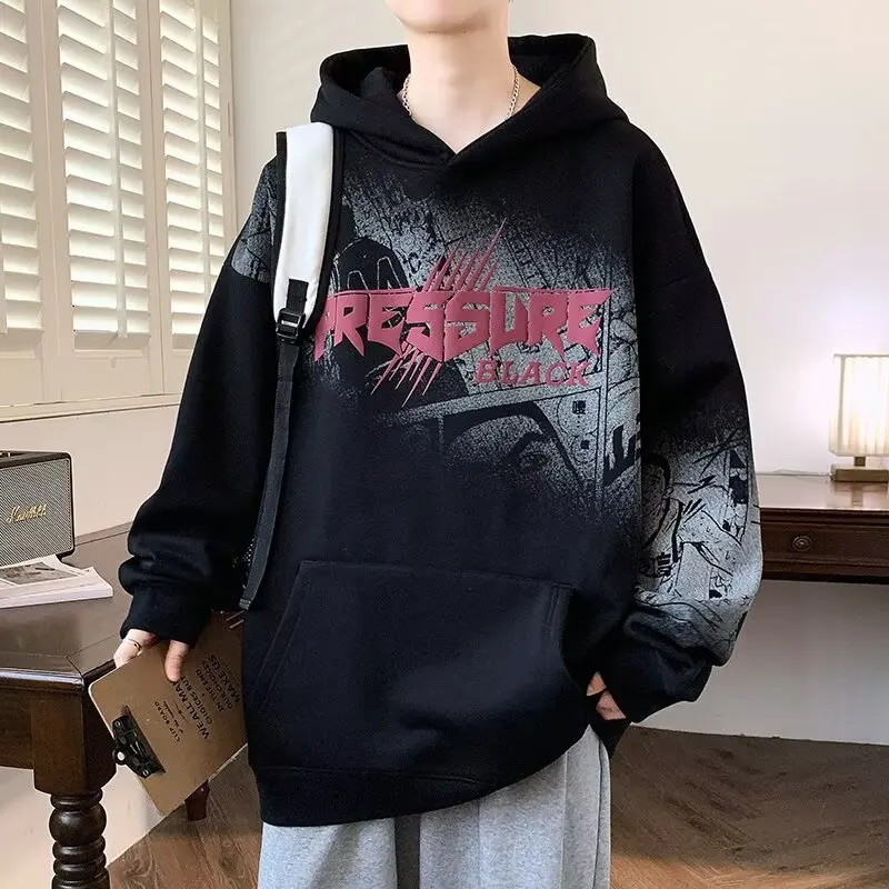 Novo em moletons e moletons para homens outono preto solto hoodie primavera manga comprida camiseta roupas masculinas coreano oversized hoodie