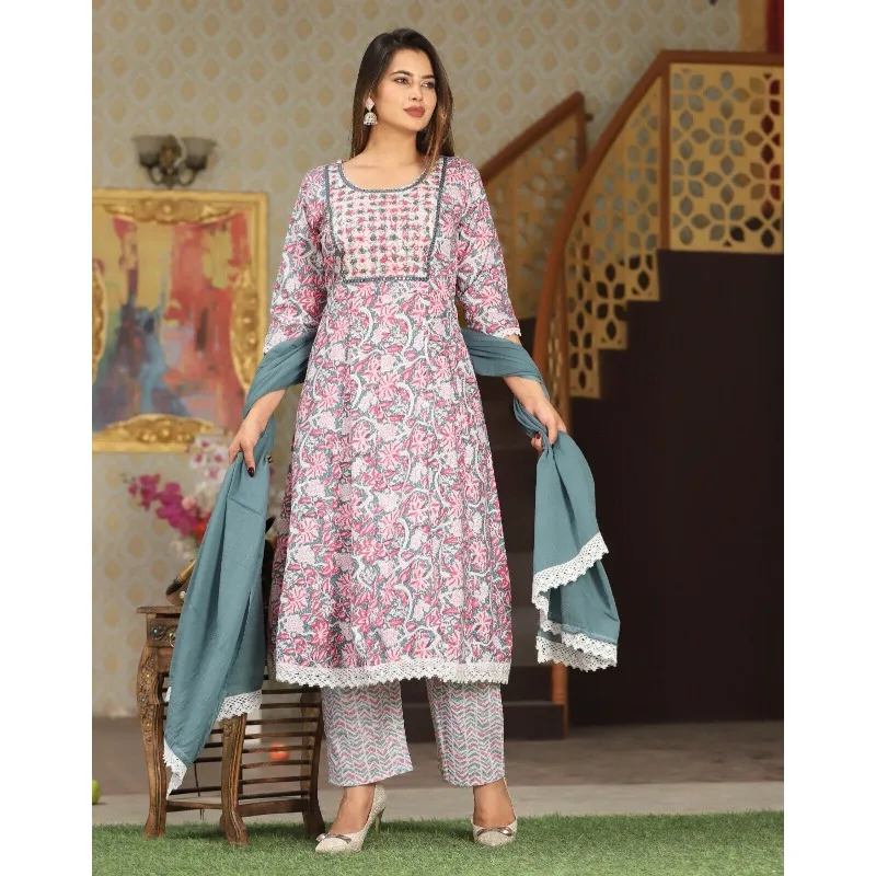 Women Floral Printed Kurti Pant with Dupatta Set Indian Wedding Salwar Kameez