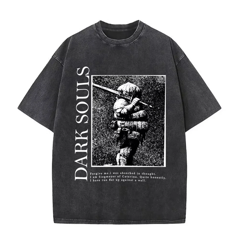 Camiseta gráfica vintage lavada de Dark Souls Siegmeyer of Catarina para hombre, camisetas de rock gótico de los años 90, camisetas casuales punk para hombre