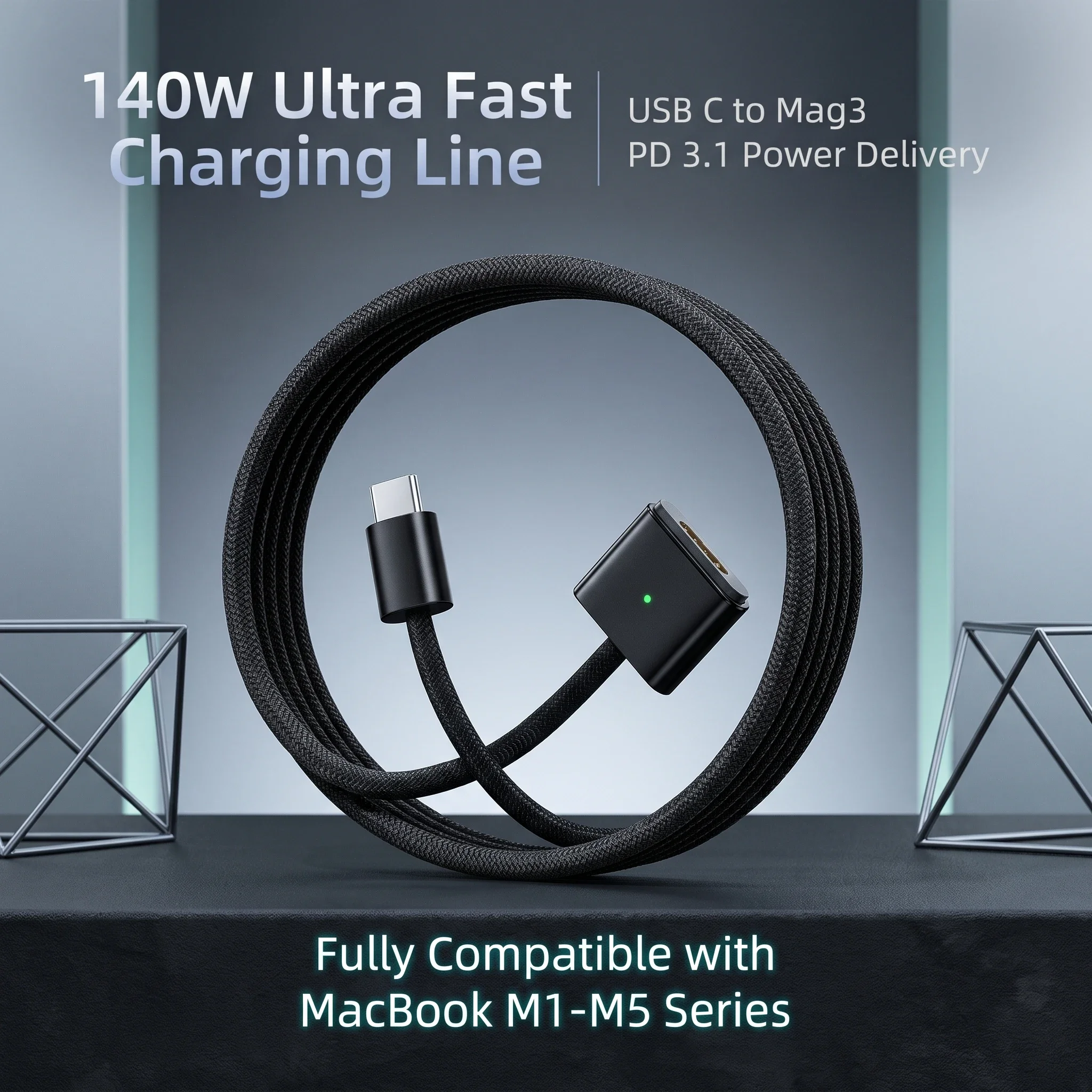 140W PD USB‑C Magnetic‑style 3‑Pin Braided Charging Cable 2M Fast Charging Cord for MacBook Pro Air M1 M2 M3 M4 Laptop
