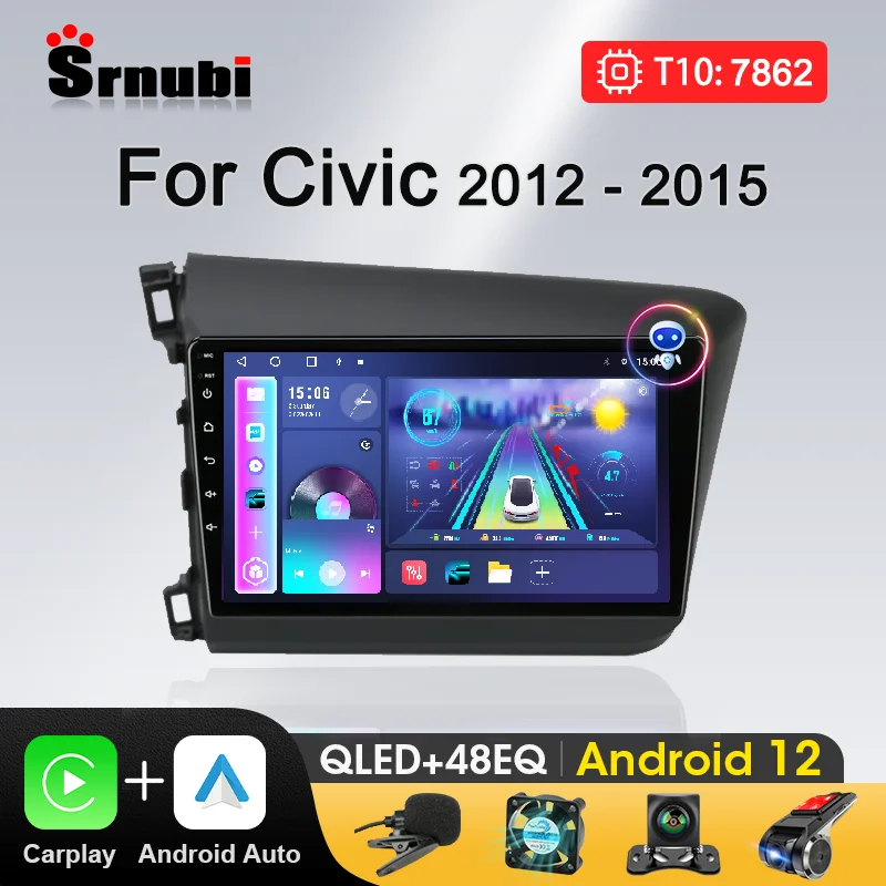 

Srnubi 9" Android 12 Carplay Auto Car Radio For Honda Civic 2012 2013 2014 2015 Multimedia Player 2din Stereo GPS DVD Head Unit