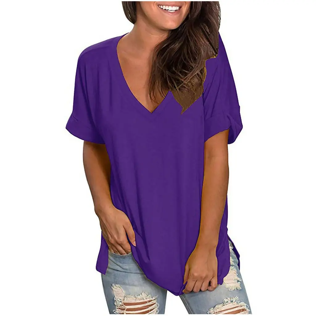 

Summer New Women's Pure Color V Neck Short-Sleeved T-Shirt Loose Casual Top Large Size Available for plus Size Fashion