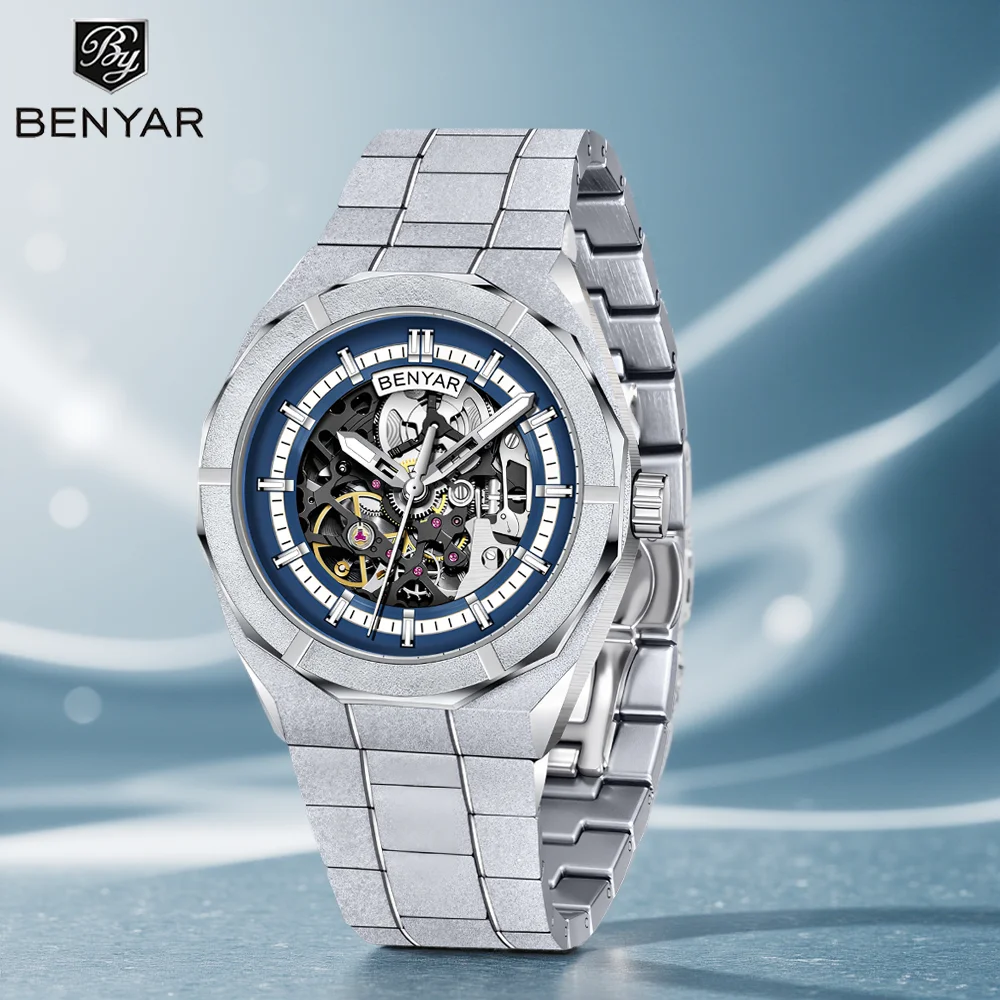 BEYAR 2025 41MM NEW hollow design luxury men automatic mechanical watches stainless steel sports clock Reloj Hombre BY-5212