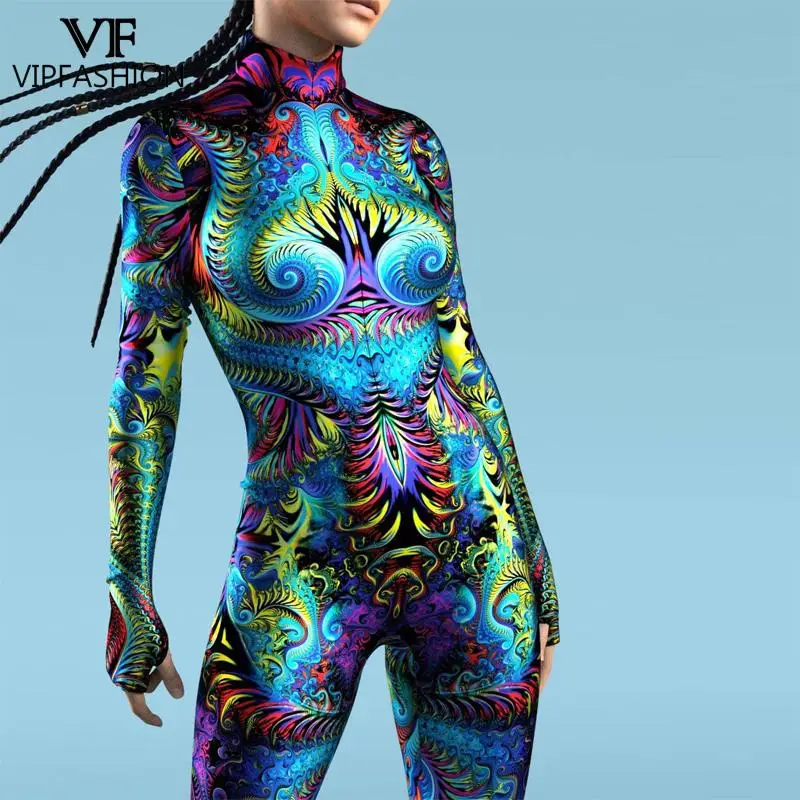 VIP FASHION Abstract Art Cosplay Costume for Woman Holiday Party Jumpsuit Sexy Zentai Bodysuit 12% Spandex Front Zipper Suits