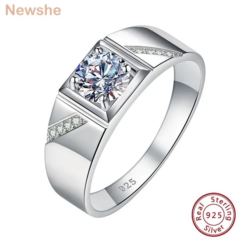 Newshe Moissanite Rings for Men 925 Sterling Silver Solitaire Round 1.0 Ct Diamond Ring Promise Wedding Band Luxury Jewelry