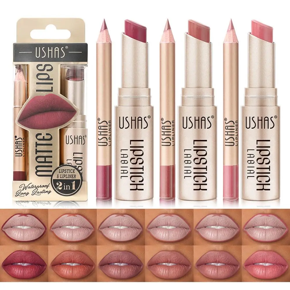 6 kolorów Długotrwała szminka 2 w 1 Lip Contour Tint Non-stick Cup Lip Liner Pink Red Brown Wodoodporna aksamitna konturówka do ust