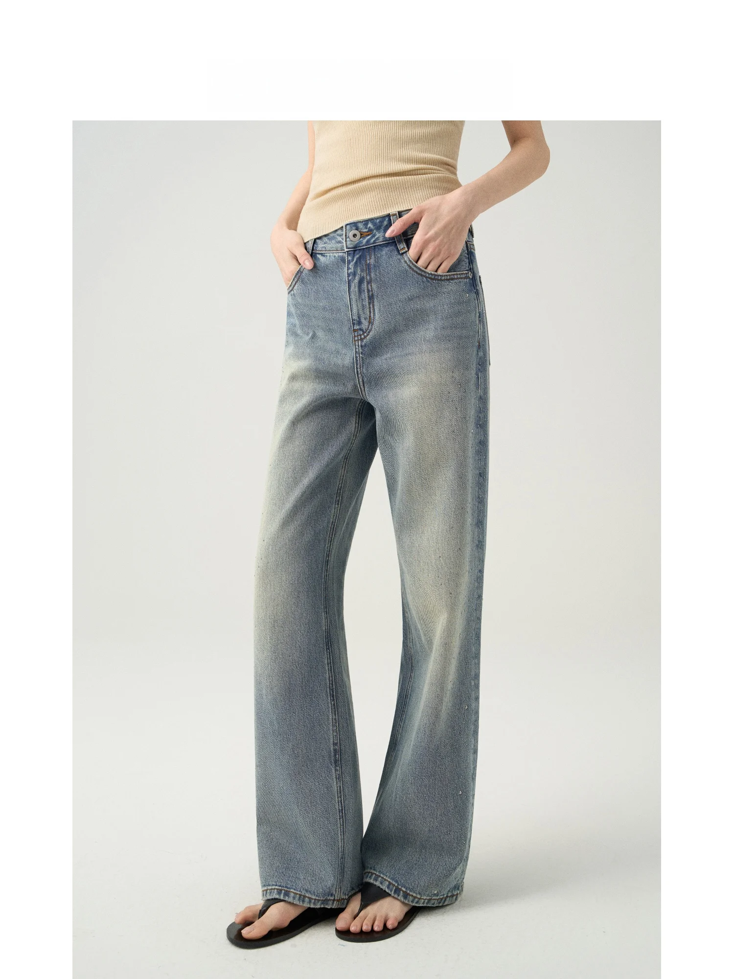 

Ricky Ya Ji Heavy Duty Rhinestone American Retro High Waist Wide Leg Jeans Loose Slimming Casual Pants Women Cotton Button Cl...
