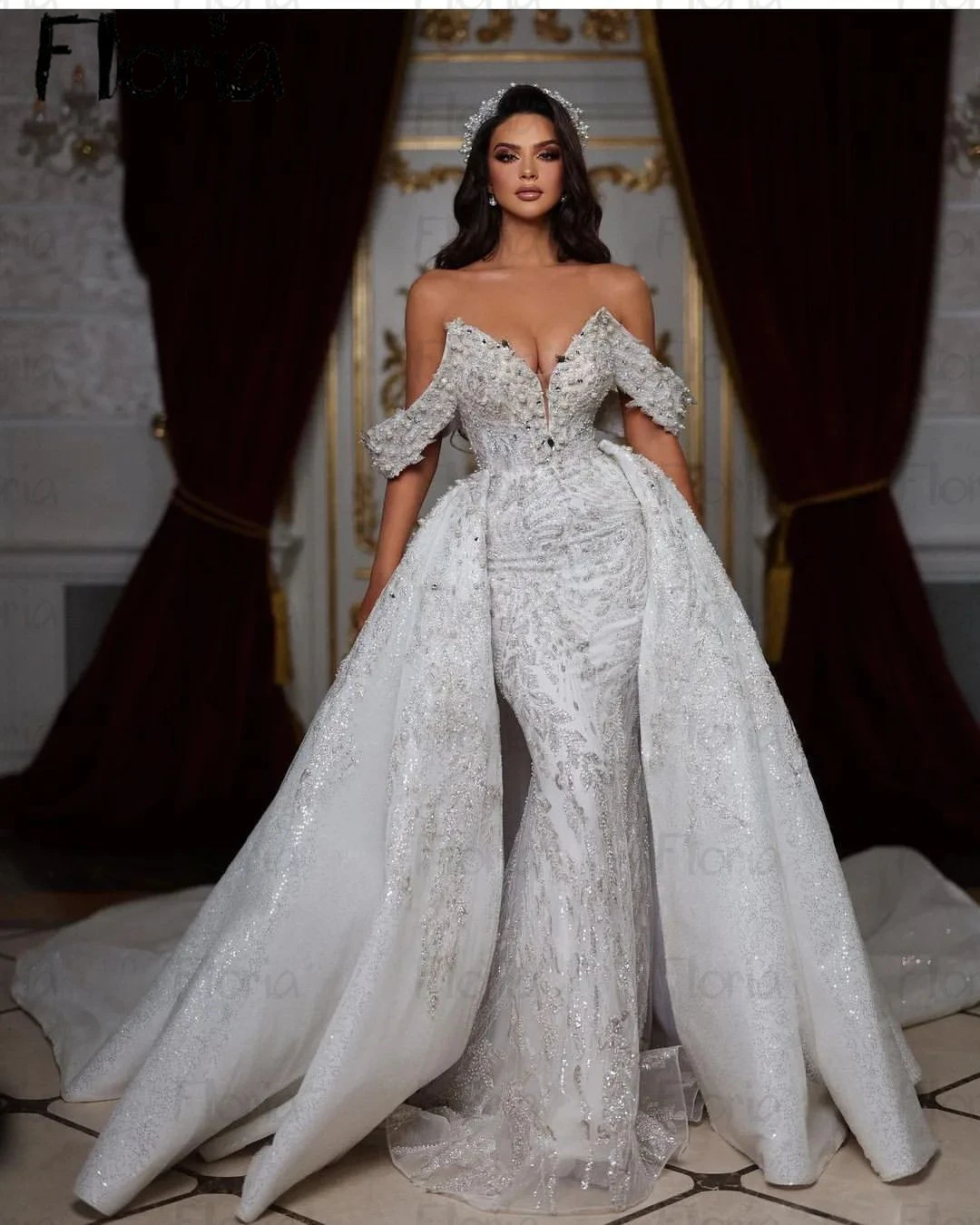 Robe de mariée sirène à col en V avec appliques en dentelle perlée pour femmes, magnifique robe avec poignées amovibles, train de Dubaï, patients, quelle que soit, 2023