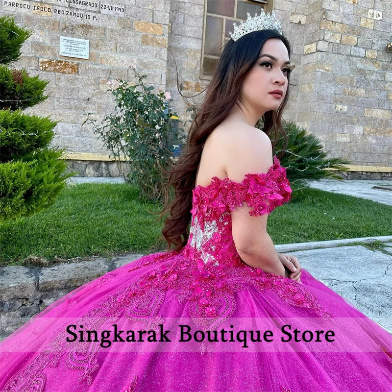 Fuchsia Off The Shoulder Appliques Ball Gown Quinceanera Dress 2024 Flowers Crystals Pearls Vestidos De 15 Años Customized