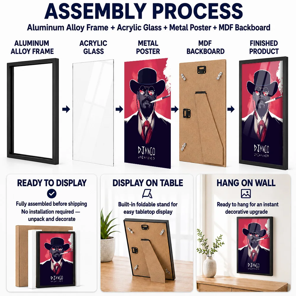 Django Unchained Framed Metal Poster Personalized Photo Dramatic Vintage Screen Graphic Style Wall Art For Media Room Fan Gift