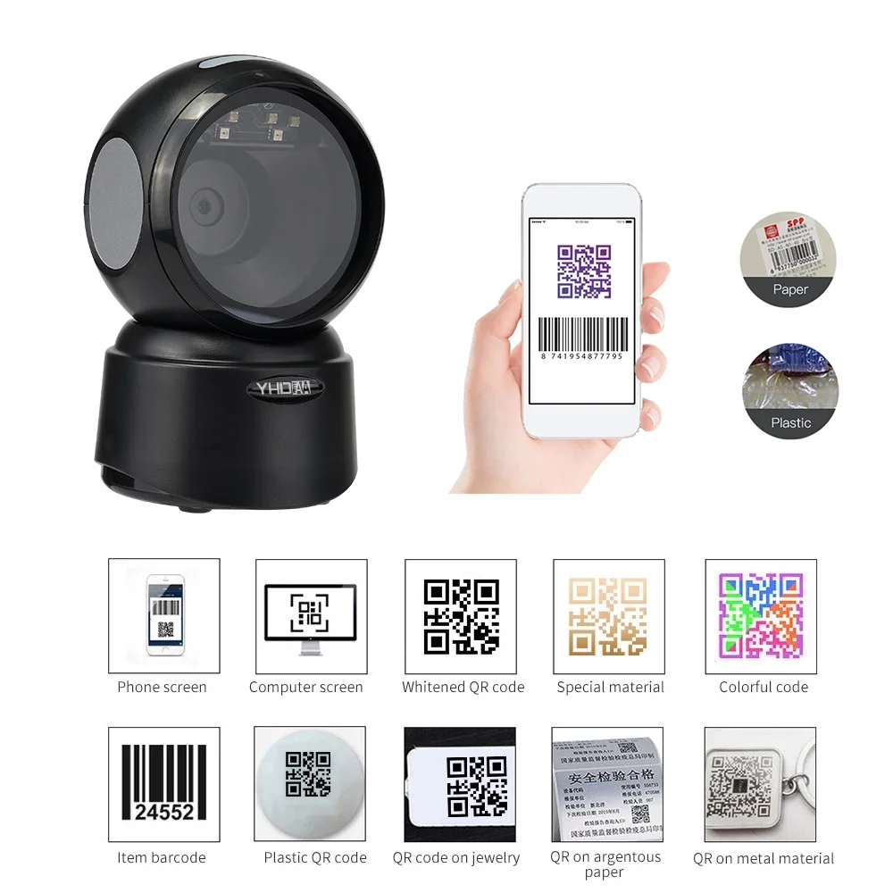 Hands-Free 1D 2D Desktop Barcode Scanner QR Barcode Reader Support Screen Scanning Platform Scanner For Retail Store Bookstore