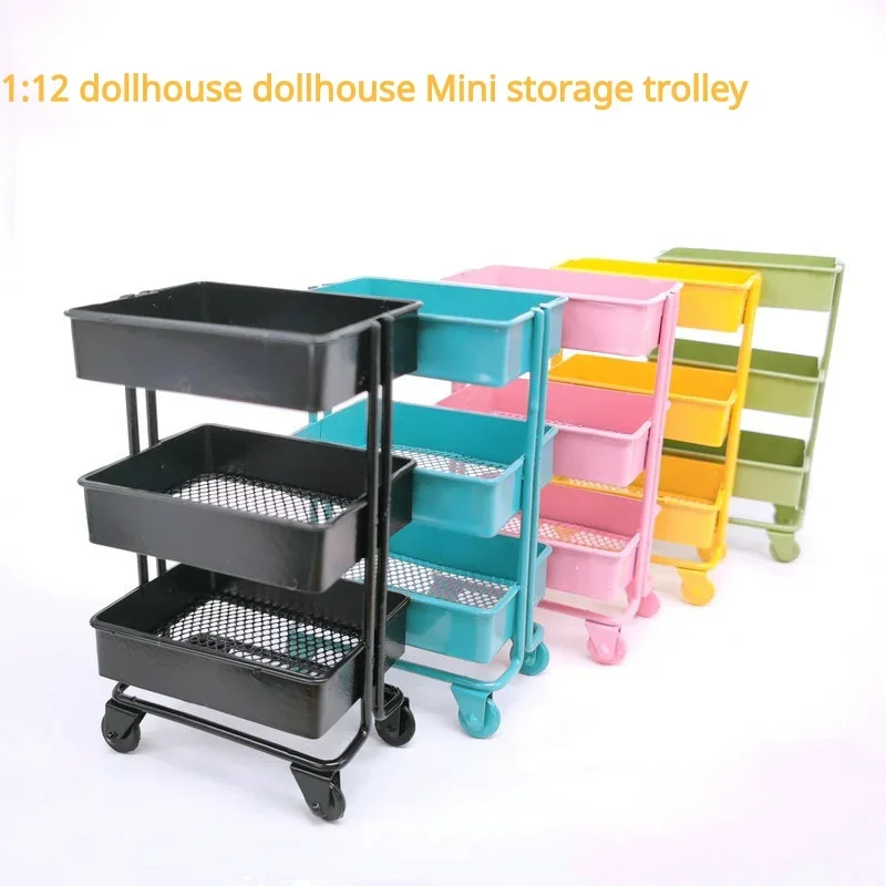 1:12 Doll House DollStainless Steel Handcart Supermarket Shopping Cart Mode Storage Toy Phone Food Holder Cute Gift For Kids