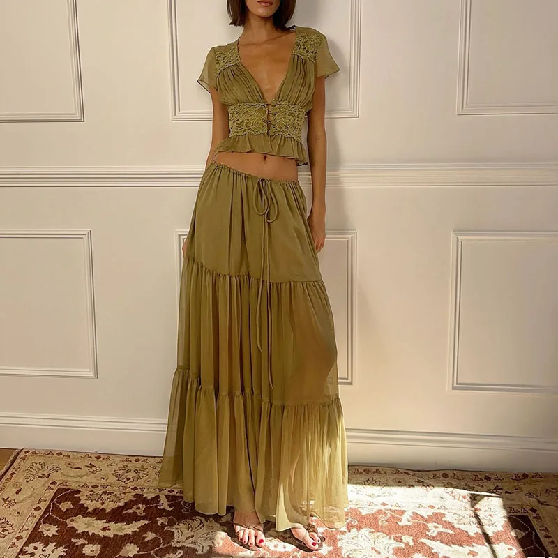 Elegant V-neck Top & Long Skirt Summer Set Fashion Mesh Hight Waist Solid Vacation Outfits Casual Short Sleeve Women Party Suit