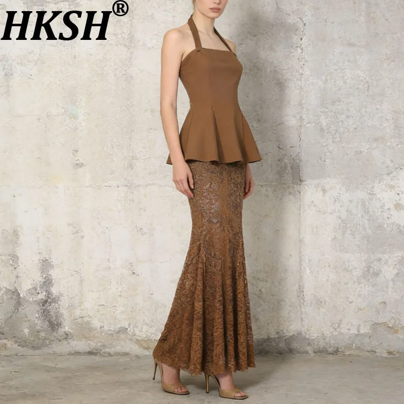 

HKSH Summer New Women Two-piece Set Sexy Halter Neck Waist Cinching Ruched Tank Top Sheer Lace Pleated Mermaid Skirt Ins HK18151
