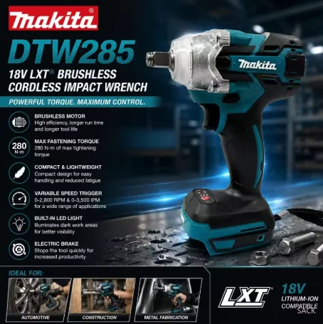 Makita DTW285 Battery 320N.M Brushless Impact Wrench Cordless Electric Wrench Power Tools Compatible With Makita 18V Battery