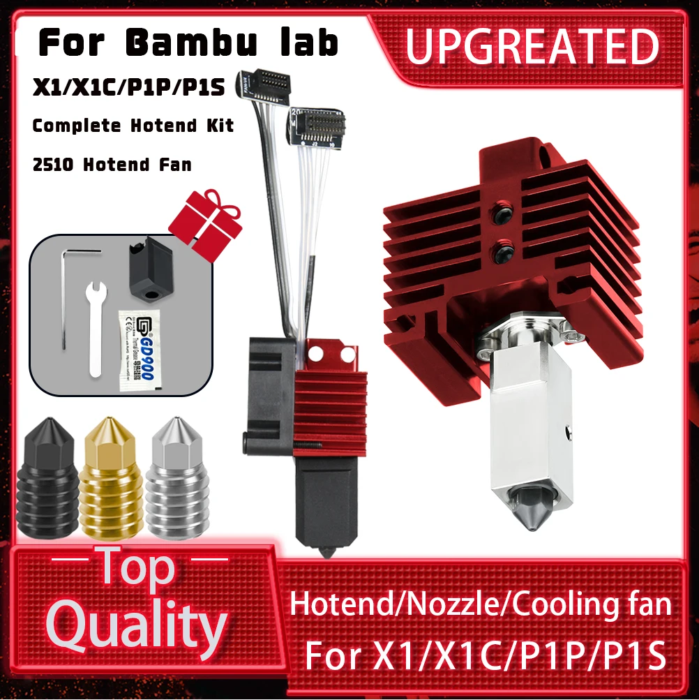 For Bambu Lab X1/X1C/P1P/P1S Metal Hotend With Cooling Fan Hardened Brass Copper 0.2/0.4/0.6/0.8mm Nozzle 3D Printer