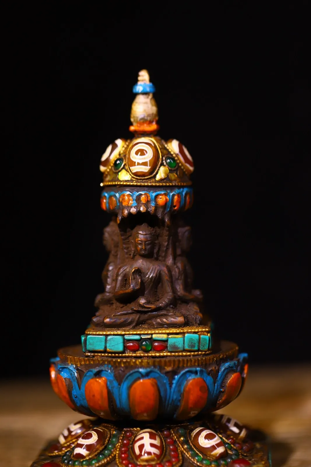 yak bone Cinnabar Painted Mosaic Gem Sakyamuni Stupas Pagoda Amulet