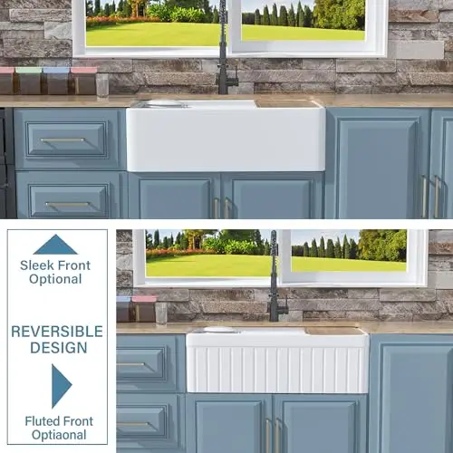 

33x20 Inch Pure White Fireclay Farmhouse Sink With Reversible Apron Front, Single Bowl Undermount Design, Optional Sleek Or