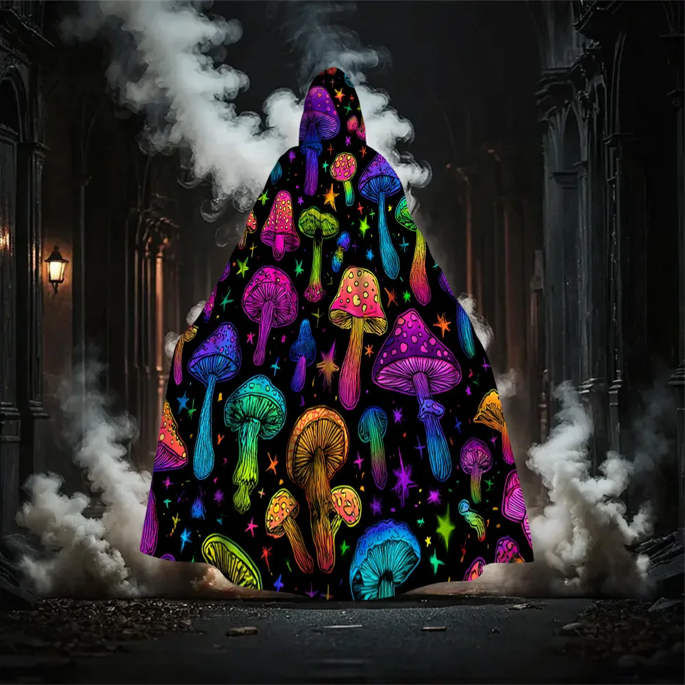 1pc Witch Hooded Cloak Cape Neon Rainbow Mushroom Starry Night Design Machine Washable Costume Shawl for Halloween