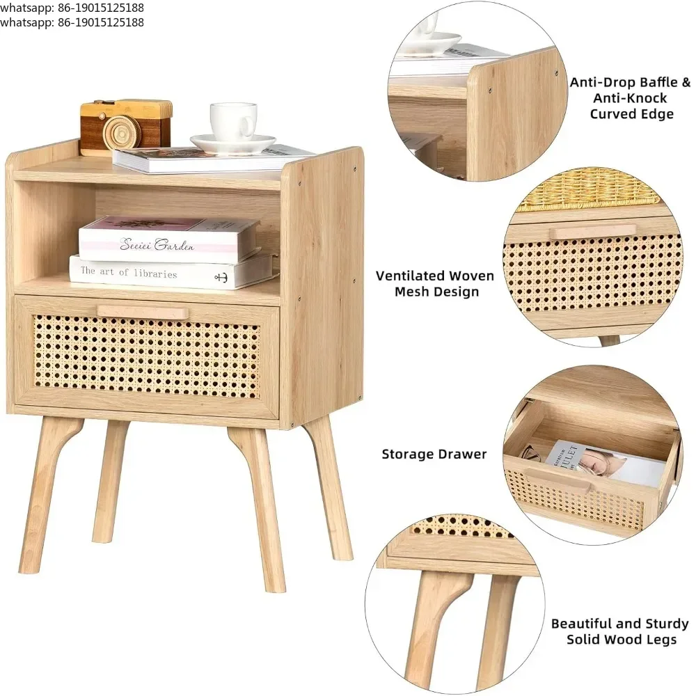 2026 New  Boho Rattan Nightstand Woven Cane Table with Wood Legs Drawer & Open Shelf Bedroom Decorative Furniture