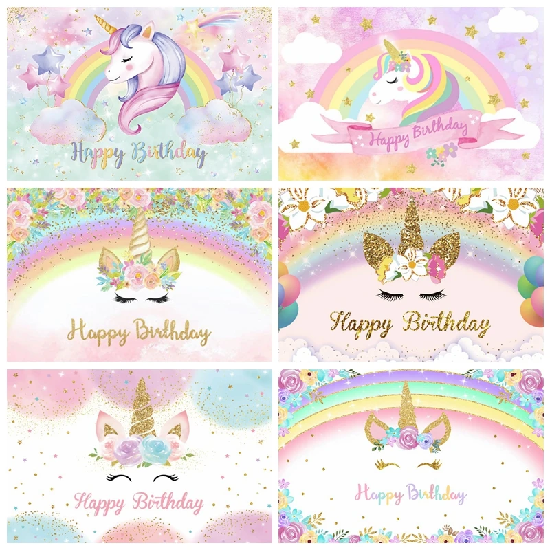 

Rainbow Unicorn Backdrop Girls Princess Birthday Party Newborn Baby Shower Photography Background Decor Banner Customized