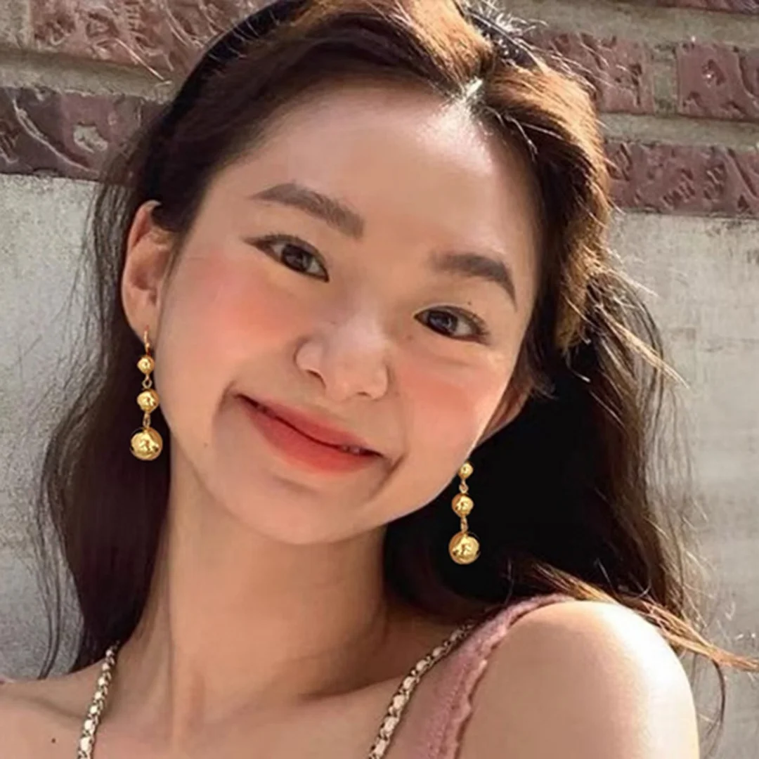 

DUTRIEUX Trendy Punk Metal Round Bead Earrings Tassel Pendant Ear Studs Women's Gold Color Glossy Smooth Ball Jewelry Gifts