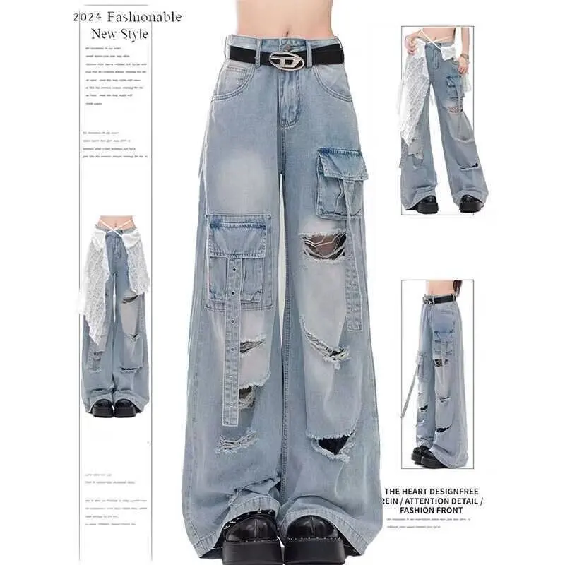 

Lolita Style Hole Ripped Y2k 2000s Pockets Baggy Jeans Women Blue Gothic Girl Denim Trousers Pants Vintage Woman Clothing Clothe